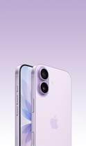 iPhone 17, coloris lavande, face avant, vue oblique de l’arrière, système caméra Fusion en haut à gauche, bouton Commande de l’appareil photo, face avant, design tout écran, bouton Action, boutons de réglage du volume et bouton latéral