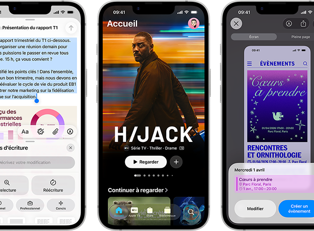 Plusieurs iPhone 17e côte à côte affichant des écrans différents : un jeu en cours d’utilisation, les Outils d’écriture, l’app Apple TV, la création d’un évènement de calendrier et d’un Genmoji