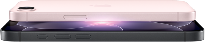 iPhone 17e, vue horizontale, faces latérale et arrière, coloris rose pastel, iPhone 17e, vue horizontale, faces latérale et arrière, coloris noir