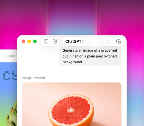 Écran de MacBook Neo, utilisation de ChatGPT pour générer une image de pamplemousse, la deuxième fenêtre montre une image d’artichaut sur un arrière-plan dégradé dans Keynote