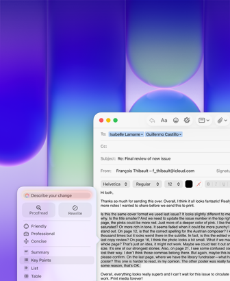 Écran de MacBook Neo, utilisant les Outils d’écriture d’Apple Intelligence dans Mail pour réviser un long paragraphe d’un e-mail contenant des commentaires sur une publication