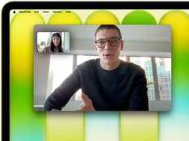MacBook Neo, couleur jaune agrume, appel vidéo à l’écran, fonctionnalité Cadre centré qui maintient la personne dans le cadre