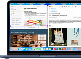 MacBook Neo, couleur indigo, écran affichant la rédaction d’un e-mail de bienvenue pour une nouvelle recrue dans une librairie, d’autres fenêtres en mosaïque contiennent un document Notes sur l’intégration et le site web du portail destiné au personnel de la librairie dans Safari