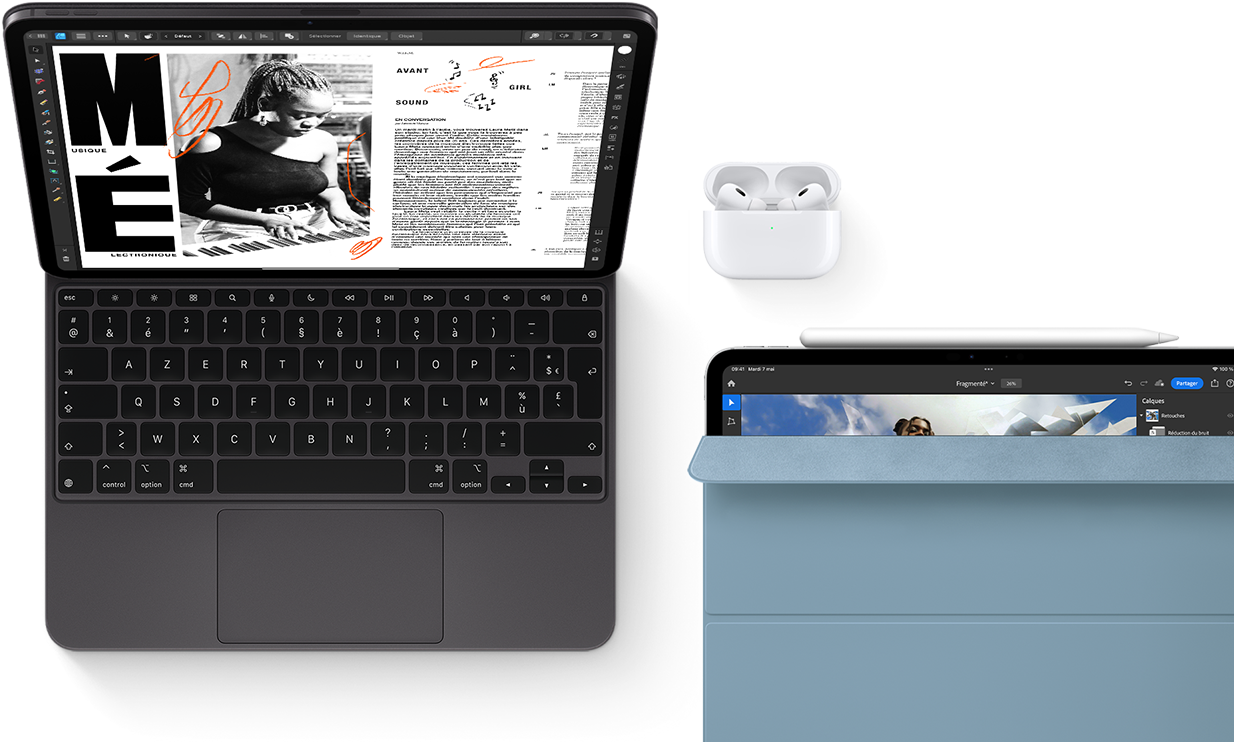 Smart Keyboard Folio, Apple Pencil, AirPods Pro et étui pour iPad bleu marine