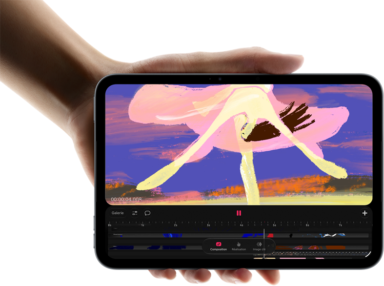 iPad mini, présenté en main, vue de face, affichant une interface de montage vidéo avec des plans colorés, puce A20 Pro mentionnée en dessous