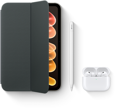 iPad mini, présenté avec des accessoires compatibles, dont le Smart Folio pour iPad mini (A20 Pro), l’Apple Pencil USB-C et les AirPods Pro 3