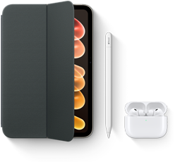iPad mini, présenté avec des accessoires compatibles, dont le Smart Folio pour iPad mini (A20 Pro), l’Apple Pencil USB-C et les AirPods Pro 3