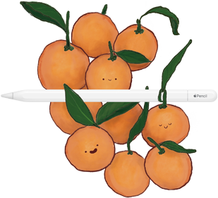 Apple Pencil USB‑C posé sur une pile d’oranges