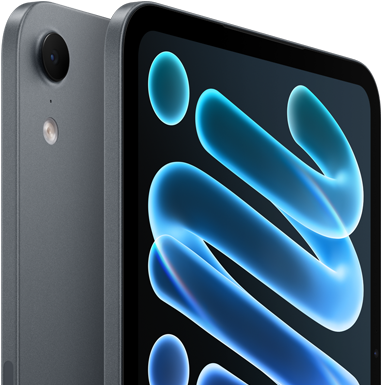 iPad mini, couleur minuit, vue arrière montrant l’emplacement de la caméra, et vue avant en diagonale, description du service AppleCare+ sous forme de texte