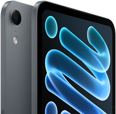 iPad mini, couleur minuit, vue arrière montrant l’emplacement de la caméra, et vue avant en diagonale, description du service AppleCare+ sous forme de texte