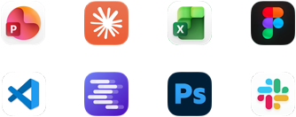 Icônes d’apps pour Microsoft PowerPoint, Claude par Anthropic, Microsoft Excel, Figma, Visual Studio Code, LM Studio, Adobe Photoshop et Slack