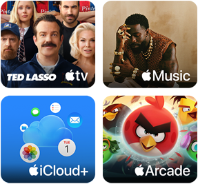 Quatre vignettes, vignette Apple TV montrant des personnages de la série Ted Lasso, vignette Apple Music montrant la pochette de l’album 5ive de Davido, vignette iCloud Plus montrant un nuage entouré d’icônes d’apps pour Photos, Calendrier, Mail, Rappels, Messages et Fichiers, vignette Apple Arcade montrant des personnages du jeu Angry Birds