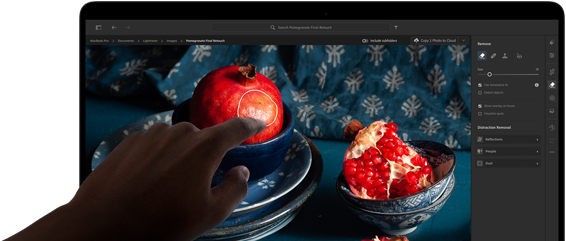 MacBook Pro avec Écran PROLED XDR affichant une image de nature morte de grenades avec des céramiques et des textiles bleus, une main se tend vers l’écran pour interagir avec l’image