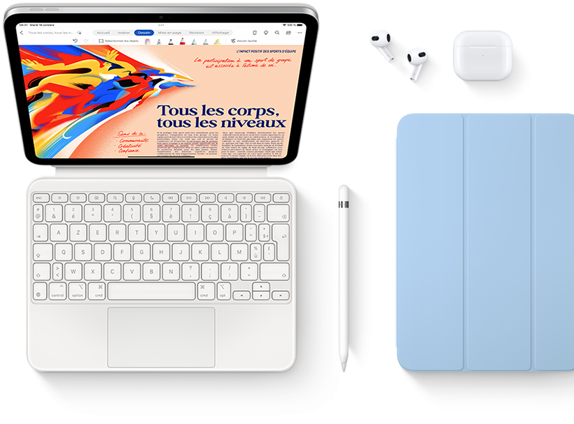 Images des produits suivants : iPad, Magic Keyboard Folio, Apple Pencil, AirPods et Smart Folio.