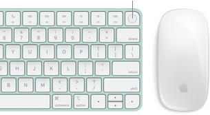 Vue de haut en gros plan d’un Magic Keyboard avec Touch ID à côté d’une Magic Mouse.