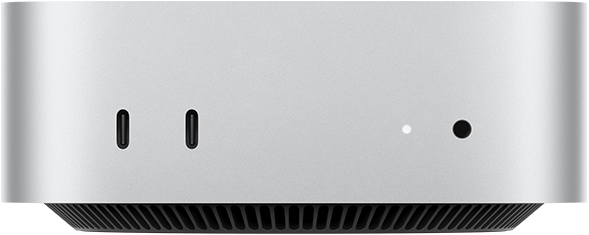Mac mini, de face, deux ports Thunderbolt, voyant lumineux de statut et prise casque, base noire fuselée, haut plat, angles arrondis, bords droits, couleur argent
