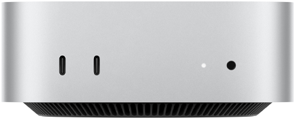 Mac mini, de face, deux ports Thunderbolt, voyant lumineux de statut et prise casque, base noire fuselée, haut plat, angles arrondis, bords droits, couleur argent