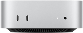 Mac mini, de face, deux ports Thunderbolt, voyant lumineux de statut et prise casque, base noire fuselée, haut plat, angles arrondis, bords droits, couleur argent