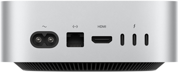 Mac mini, de dos, prise d’alimentation, port Ethernet, port HDMI, trois ports Thunderbolt