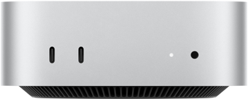 Mac mini, vue de face, boîtier argent, deux ports USB-C, bouton d’alimentation, voyant lumineux de statut, grille de ventilation en bas