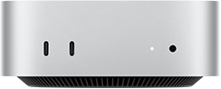 Mac mini, vue de face, boîtier argent, deux ports USB-C, bouton d’alimentation, voyant lumineux de statut, grille de ventilation en bas