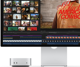 Mac mini associé à un Studio Display, écran affichant à droite l’écran titre d’un film intitulé Black American Cowboy et à gauche plusieurs images