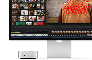 Mac mini associé à un Studio Display, écran affichant à droite l’écran titre d’un film intitulé Black American Cowboy et à gauche plusieurs images