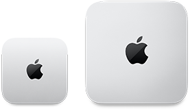 Deux Mac mini, vus de dessus, aluminium argent, angles arrondis, logo Apple noir brillant centré, l’appareil de gauche correspond à la nouvelle version et fait moins de la moitié de la taille de celui de droite