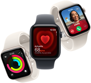 Trois Apple Watch SE 3 flottent les unes à côté des autres